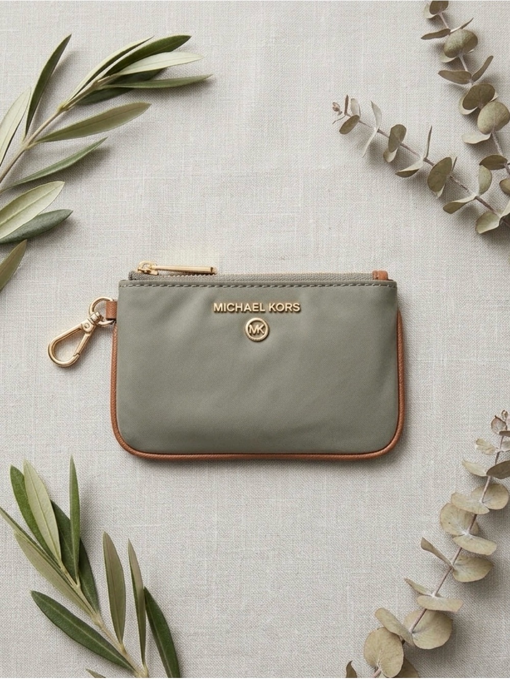 Michael Kors Olive Green Zip Pouch with Brown Trim and Gold Hardware